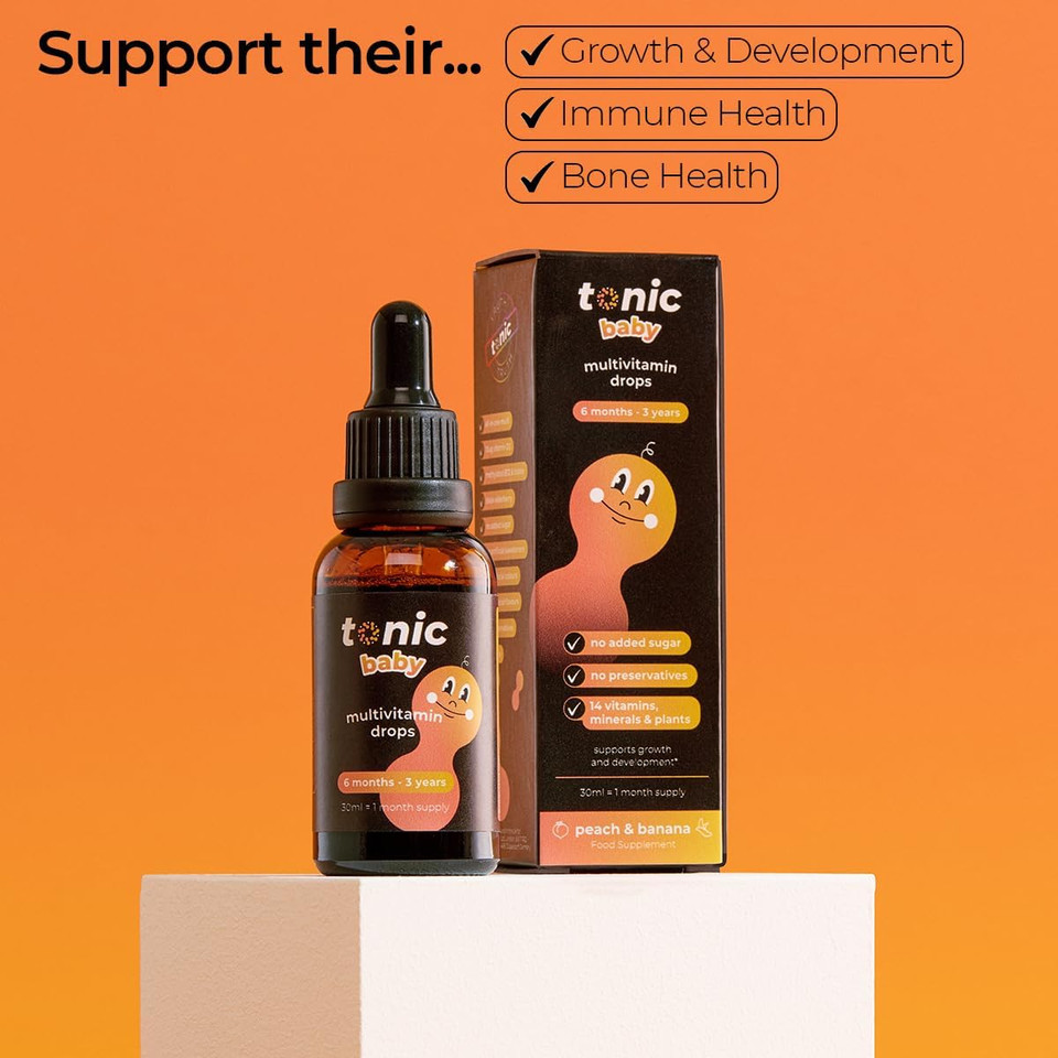 Tonic Health Baby Multivitamin Drops - 14 Baby Vitamins A, C, D, Minerals, and Plants - No Sugar/Preservatives - Kids Vitamins 6 to 36 mos for Growth and Development, Peach and Banana 30ml (Pack of 2)