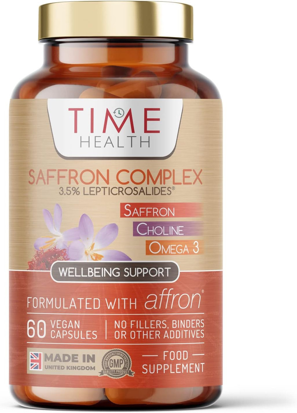 Affron® Saffron Complex - Saffron, Choline, Quercetin & Omega 3-3.5% Leptricrosalides® - Contains Crocins, Crocetin and Safranal - 60 Capsules - UK Made - Zero Additives - Vegan - Pullulan