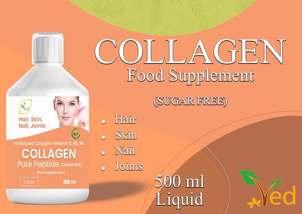 Liquid Collagen Peptides Supplement, Faster Absorption Dietary Hydrolyzed Drink, Skin, Muscles, Hair, Nail Growth, for Women, Men, Unflavored 500 ml (Sugar Free)