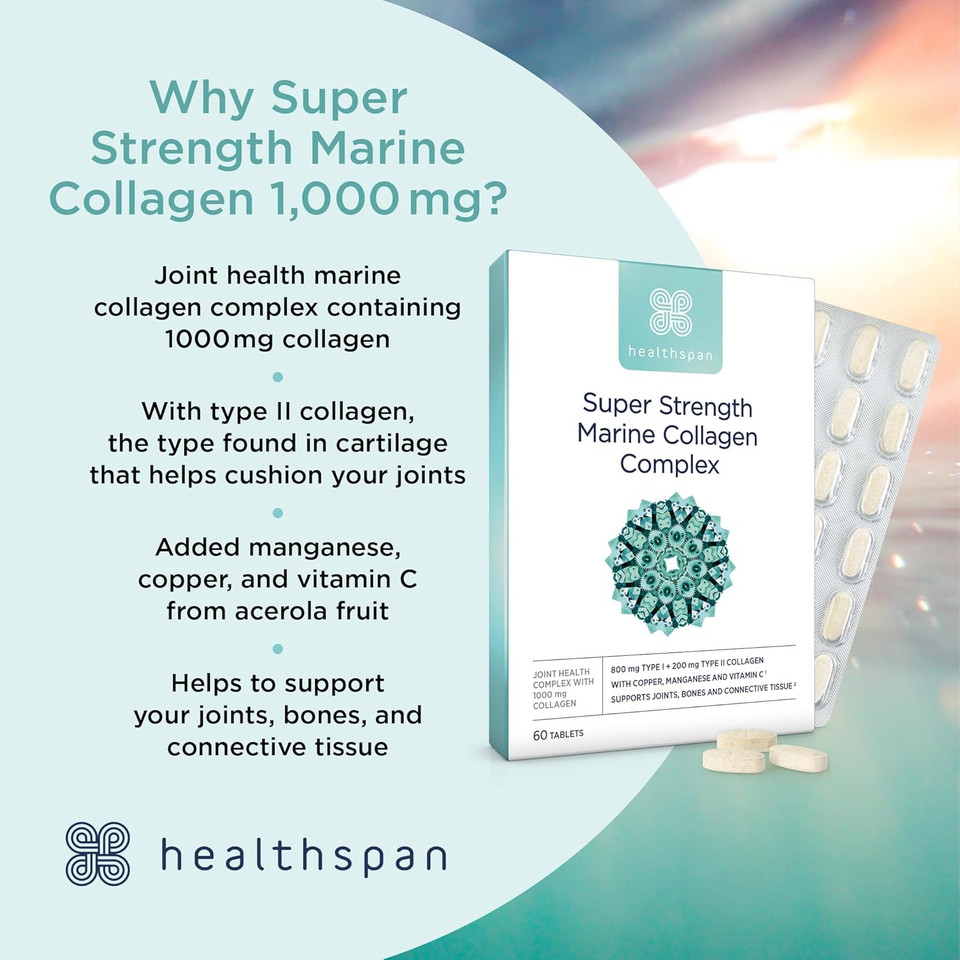 Healthspan 1,000mg Marine Collagen Complex | 800mg Type I + 200mg Type II Collagen | Support Your Joints, Bones & Connective Tissue | Added Benefits for Skin & Beauty (60 Tablets)