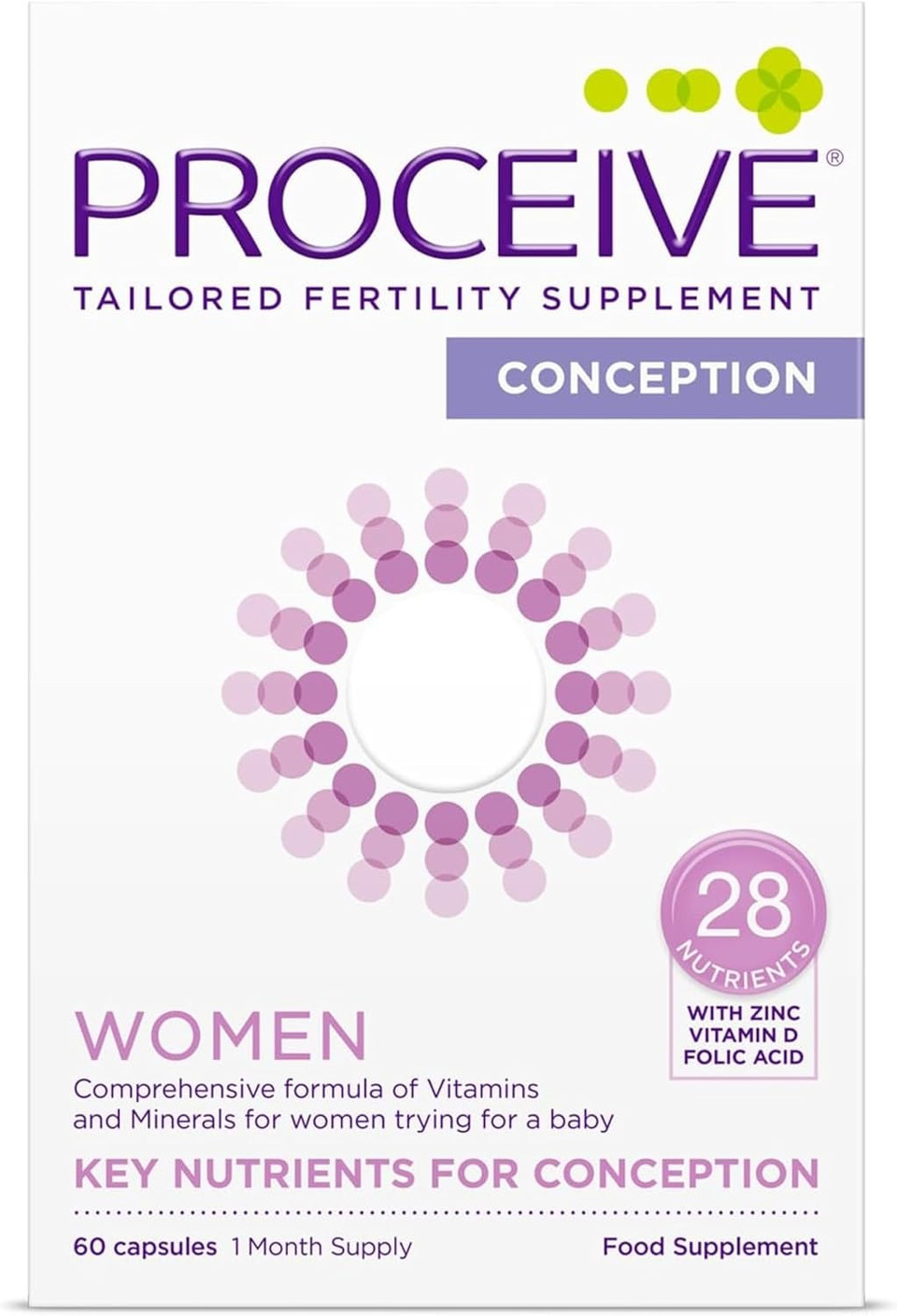 Proceive® Fertility Supplements for Women - Conception Vitamins for Trying to Conceive - Contains Zinc, Folic Acid, Vitamin D - 60 Capsules (1 Month Supply) - Vegan