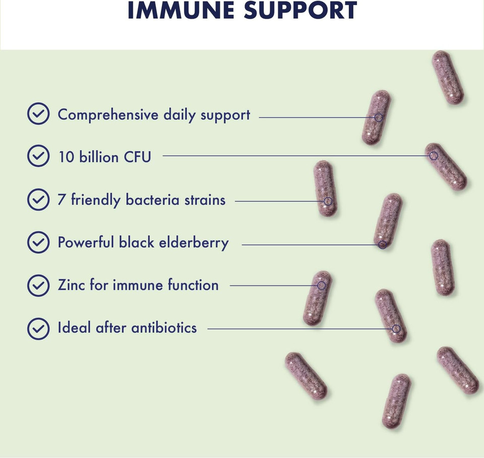 Higher Nature - Pro Immune - Triple Action Immune Support Probiotic - Live Bacteria, Black Elderberry and Zinc - 7 Bacteria Strains - 10 Billion CFUs - Vegan Probiotics - 30 Capsules