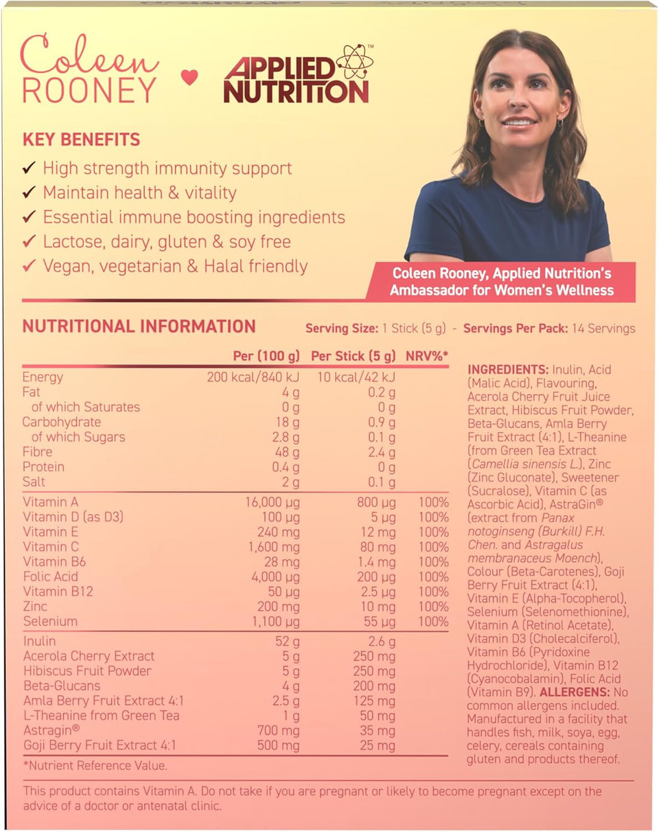 Applied Nutrition - Coleen Rooney - Immunity Powder - Vitamin & Mineral Boost - Best 24-Hour Immune Support - Best Vegan Immunity Defense - Enhanced Vitality - (14 Servings) (Blueberry & Raspberry)