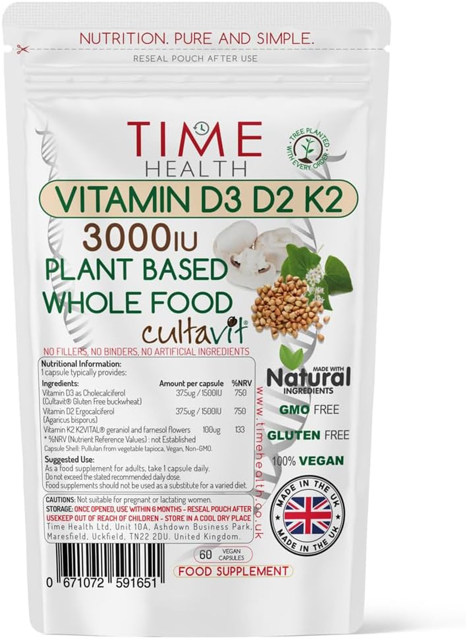 Vitamin D3, D2, K2, Natural Wholefood Plant Based 3000IU - Zero Additives - Pullulan (60 Capsule Pouch)