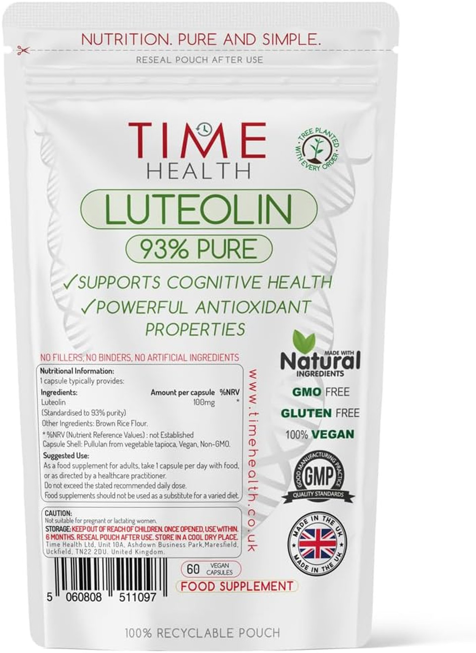 Luteolin - Standardised to 93% Purity - 60 x 100mg Capsules - Supports Cognitive Health & Longevity - GMP Standards - UK Made - Vegan (60 Capsule Pouch)