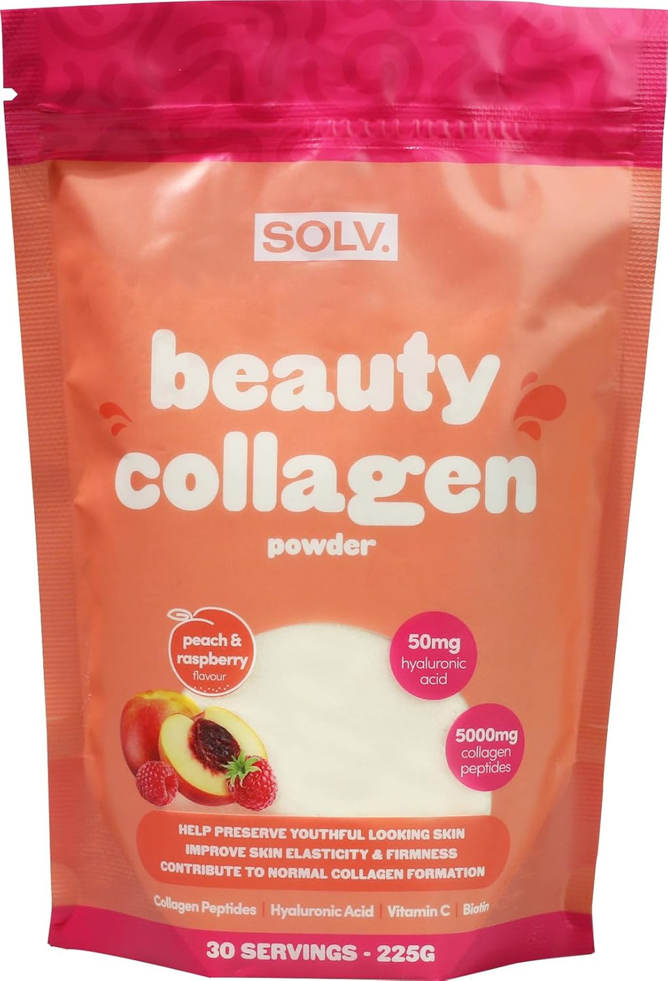 SOLV Type 1 Collagen Peptides Powder 5000mg, Pure Marine Collagen with Hyaluronic Acid, Biotin Hydrolyzed Collagen Supplements -Peach & Raspberry (30 Servings), Skin Hair Nail Support Supplements