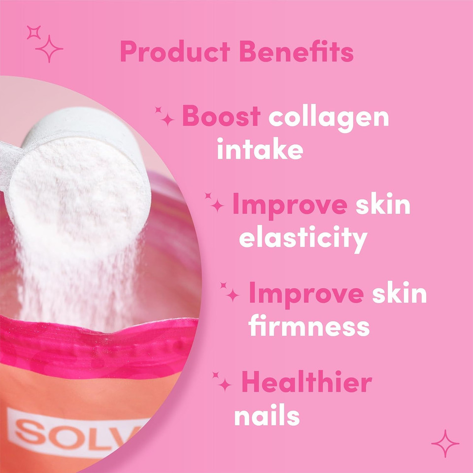 SOLV Type 1 Collagen Peptides Powder 5000mg, Pure Marine Collagen with Hyaluronic Acid, Biotin Hydrolyzed Collagen Supplements -Peach & Raspberry (30 Servings), Skin Hair Nail Support Supplements
