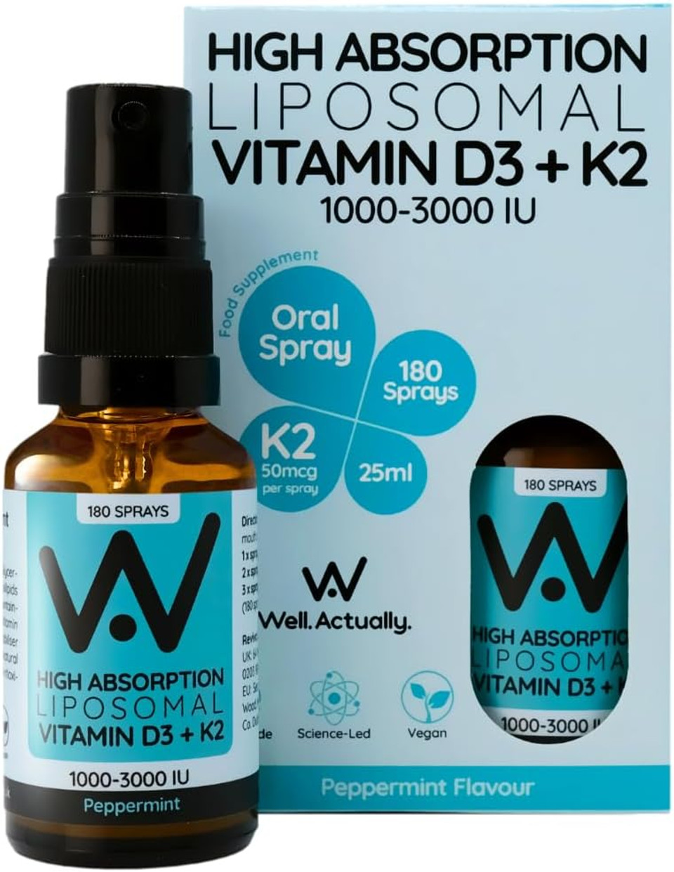 WELL ACTUALLY Liposomal Vitamin D3 + K2 Spray - High Bioavailability - High Absorption Vegan Vitamin D3 2000 IU & Vitamin K2-7 100mcg as Menaquinone-7 MK-7 - Strawberry & Rhubarb (180 Sprays)
