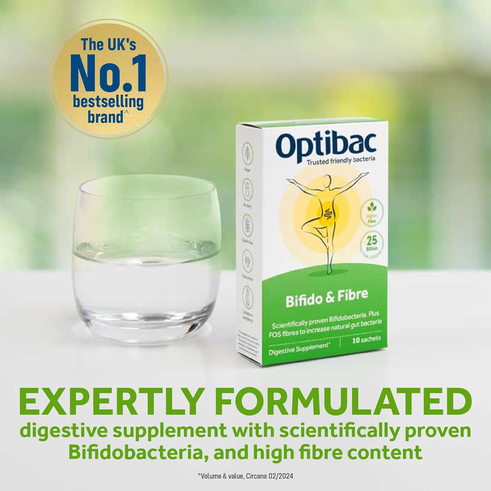OptiBac Bifidobacteria & Fibre | Daily 5 Billion CFU Bifidobacterium Lactis BB-12 & Fructooligosaccharides | Vegan & Gluten Free | 10 Sachets