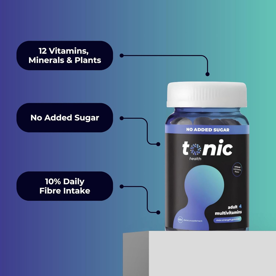 Tonic Health Multivitamin Gummies for Adults - 14 in 1, Vitamins A, C, D, Zinc & Biotin, Wild Berry Flavour, Month Supply (60 Count), No Added Sugar, No Sweeteners, Vegan Vitamin Gummies