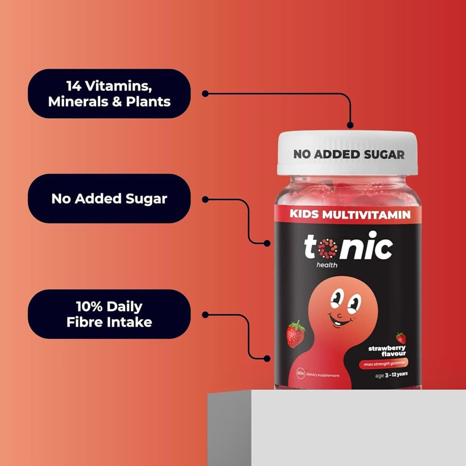Tonic Health Kids Vitamins Gummies - 14 in 1 Kids Multivitamin with Vitamins A, C, D, E and Zinc, Strawberry Flavour, Month Supply (60 Count), Ages 3-12, No Added Sugar, No Sweeteners, Vegan