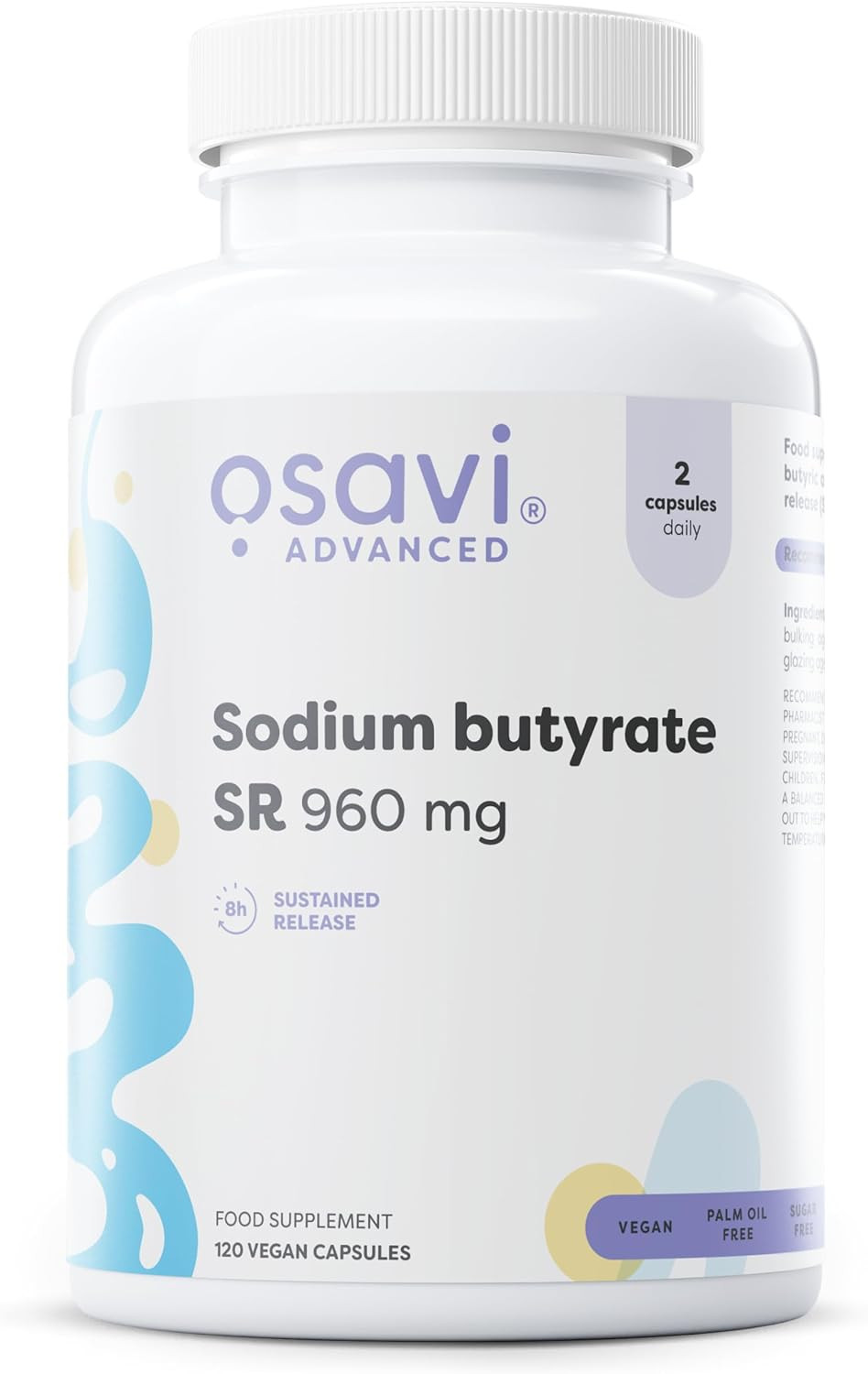 Osavi Sodium Butyrate SR 960 mg  120 Vegan Capsules | Microencapsulated SustainedRelease Sodium Butyrate | High Butyric Acid Content | Tasteless & Odourless | Vegan, GlutenFree, SoyFree, GMOFree
