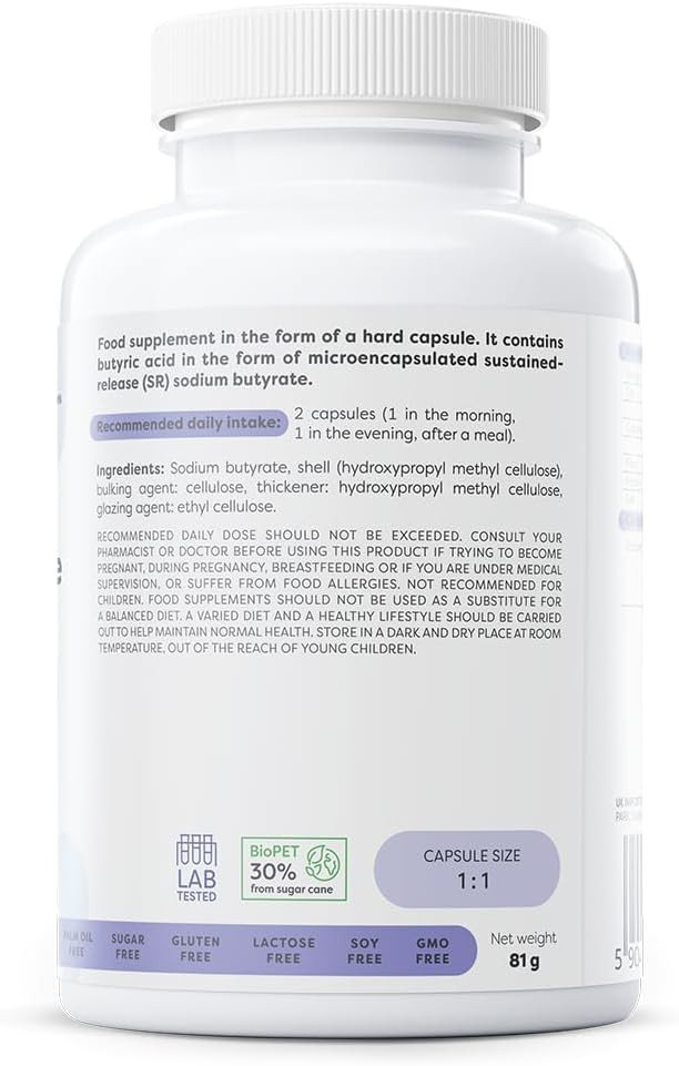 Osavi Sodium Butyrate SR 960 mg  120 Vegan Capsules | Microencapsulated SustainedRelease Sodium Butyrate | High Butyric Acid Content | Tasteless & Odourless | Vegan, GlutenFree, SoyFree, GMOFree