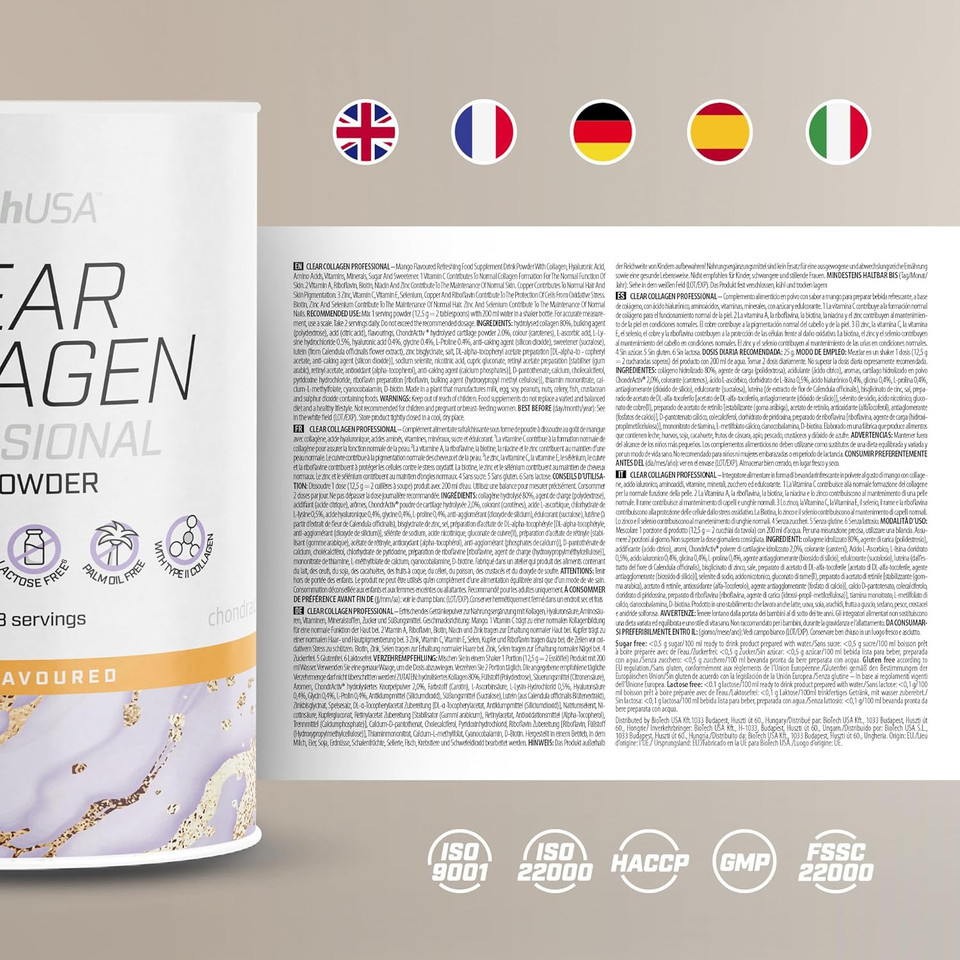 BioTechUSA Clear Collagen Professional, Flavoured Drink Powder containing hydrolysed Collagen, hyaluronic Acid, Amino acids, Vitamins, Minerals, 350 g, Rose & Pomegranate