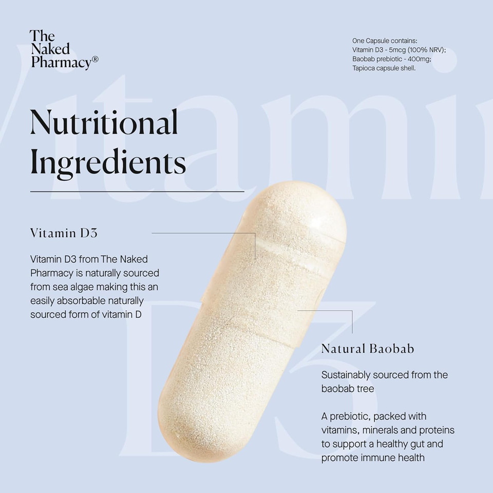 The Naked Pharmacy | Vitamin D3 Supplements | for Immune System | Bones, Joints & Teeth | with Natural Prebiotic Baobab | High Strength | No Additives | Vegan | 60 Capsules