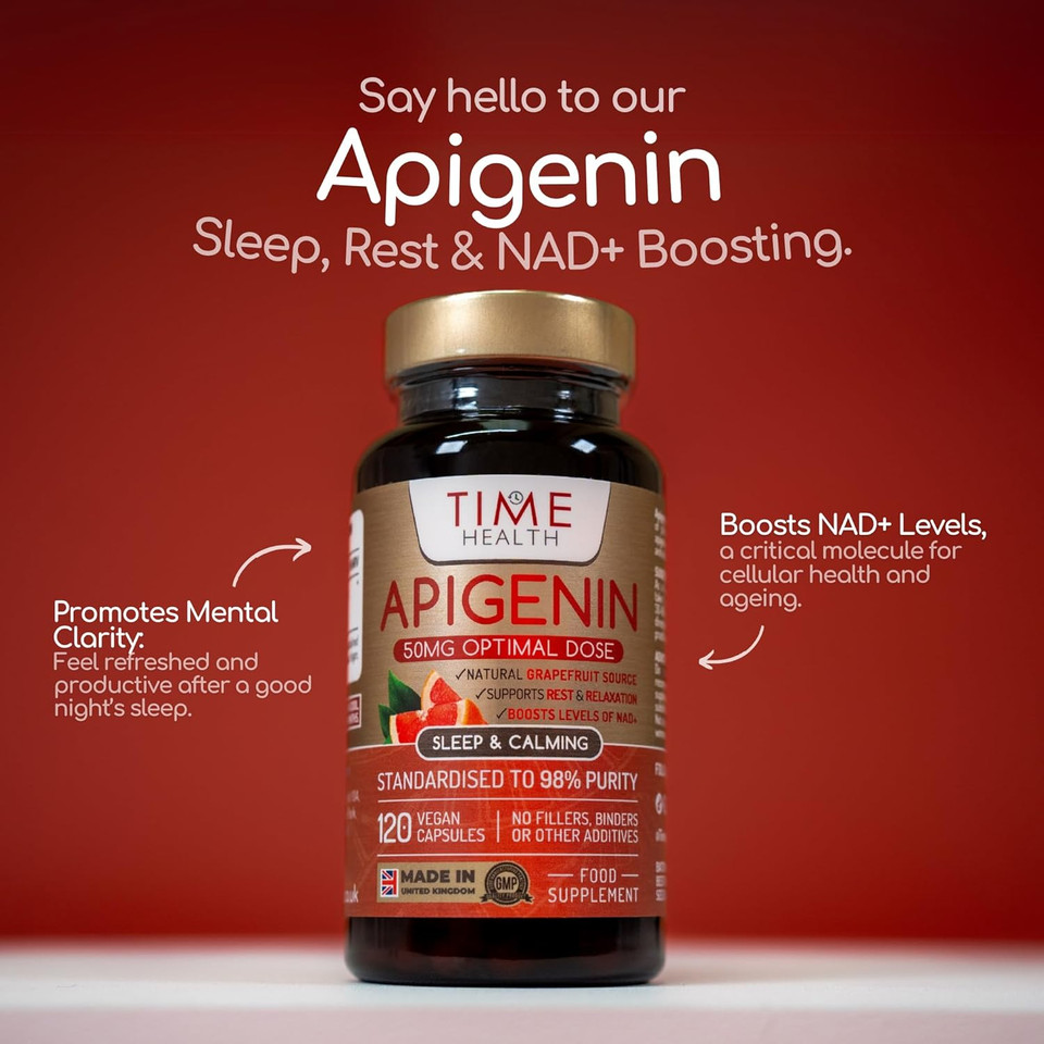Apigenin - 50mg x 120 Capsules - 98%+ Purity - Optimal Dose for Sleep & Relaxation Support - NAD+ Booster - Grapefruit Source - UK Made - GMP Standards - Zero Additives (120 Count (Pack of 1))