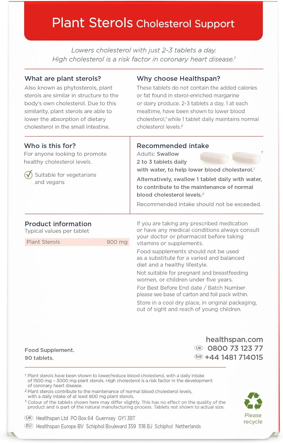 Healthspan Plant Sterols 2400mg  90 Tablets  High Strength  Supports Normal Cholesterol Levels  UK Manufactured