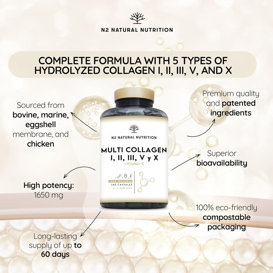 Multi Collagen 1650mg Type I, II, III, V, X. Bovine, Marine Collagen Peptides 180 Capsules Enhanced with Vitamin C, for Joint Care, Skincare & Hair High Strength Collagen N2 Natural Nutrition