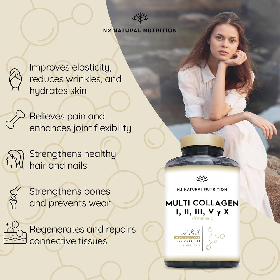 Multi Collagen 1650mg Type I, II, III, V, X. Bovine, Marine Collagen Peptides 180 Capsules Enhanced with Vitamin C, for Joint Care, Skincare & Hair High Strength Collagen N2 Natural Nutrition