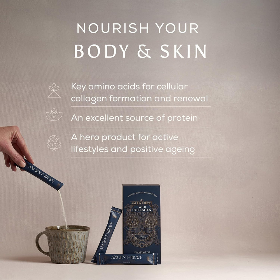 Ancient + Brave Wild Collagen Powder Sachets 15 x 5g - Pure Hydrolyzed Marine Collagen Peptides Supplement (Fish) - High Protein for Women - High Protein - Beauty, Skin - Halal & Kosher Certified