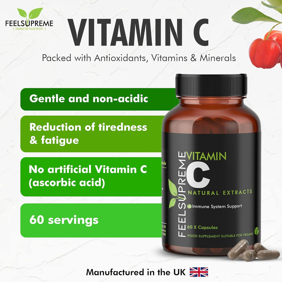 Feel Supreme - 100% Natural Vitamin C Capsules - Immune System Booster, VIT C Supplement, Vitamin C 1000mg, VIT C 1000mg Capsules, Vitamin C Supplements - 60 Capsules