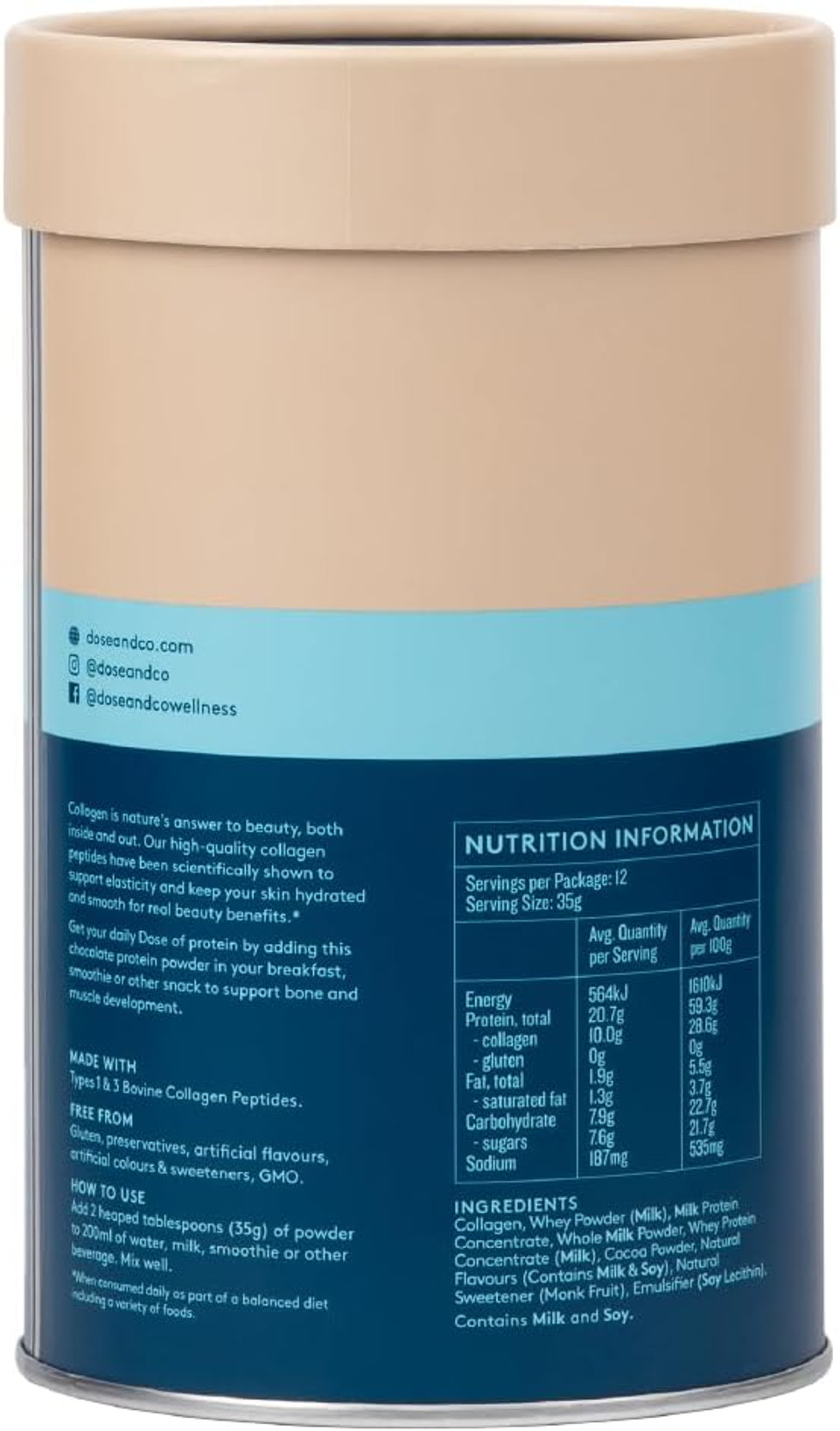 Dose & Co Collagen Protein Powder (Chocolate Fudge) 420g  Non-GMO, Gluten Free Collagen Peptides Supplement  20g of Whey Protein, Chocolate