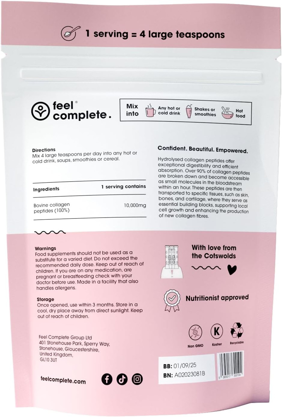 Feel Complete | Tasteless Collagen for Women | Grass Fed & Hydrolysed | Low Calorie | Premium Type 1 & 3 Bovine Collagen Peptides | Halal | Anti Ageing | Hair, Skin & Muscles | 300g | 30 Servings Feel Complete | Tasteless Collagen for Women | Grass Fed & Hydrolysed | Low Calorie | Premium Type 1 & 3 Bovine Collagen Peptides | Halal | Anti Ageing | Hair, Skin & Muscles | 300g | 30 Servings