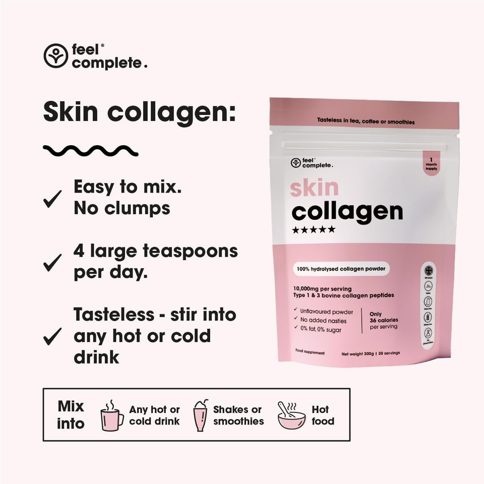 Feel Complete | Tasteless Collagen for Women | Grass Fed & Hydrolysed | Low Calorie | Premium Type 1 & 3 Bovine Collagen Peptides | Halal | Anti Ageing | Hair, Skin & Muscles | 300g | 30 Servings Feel Complete | Tasteless Collagen for Women | Grass Fed & Hydrolysed | Low Calorie | Premium Type 1 & 3 Bovine Collagen Peptides | Halal | Anti Ageing | Hair, Skin & Muscles | 300g | 30 Servings