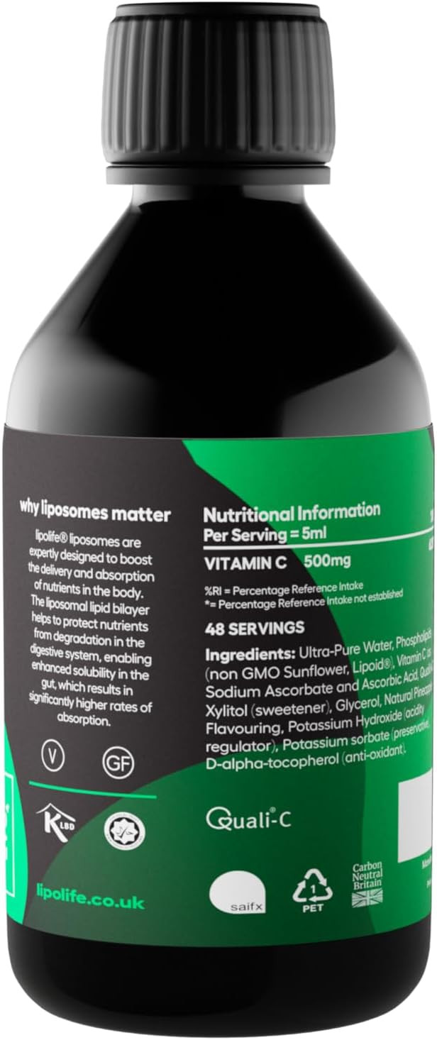 lipolife - liposomal Vitamin C 500mg | High Strength | 48 Servings | LVC4 | Higher Absorption, Scientifically Proven | Pineapple Flavour | Advanced Nutrient delivery | Made in UK |