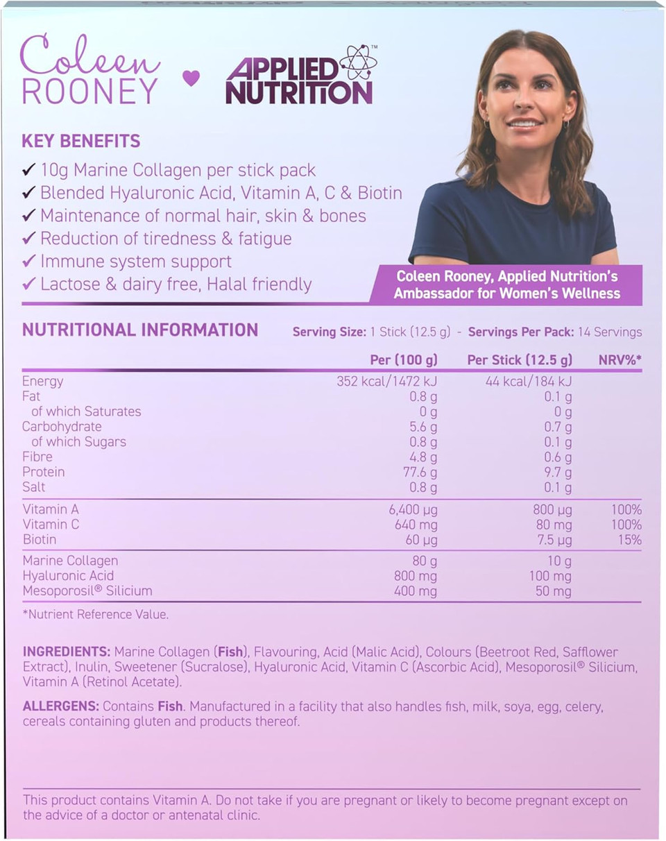 Applied Nutrition - Coleen Rooney - Marine Collagen - Anti-Aging Formula - Best Skin Rejuvenation - Best Joint Support - Radiant Complexion - (14 Sachets - 12.5g Each) (Strawberry)