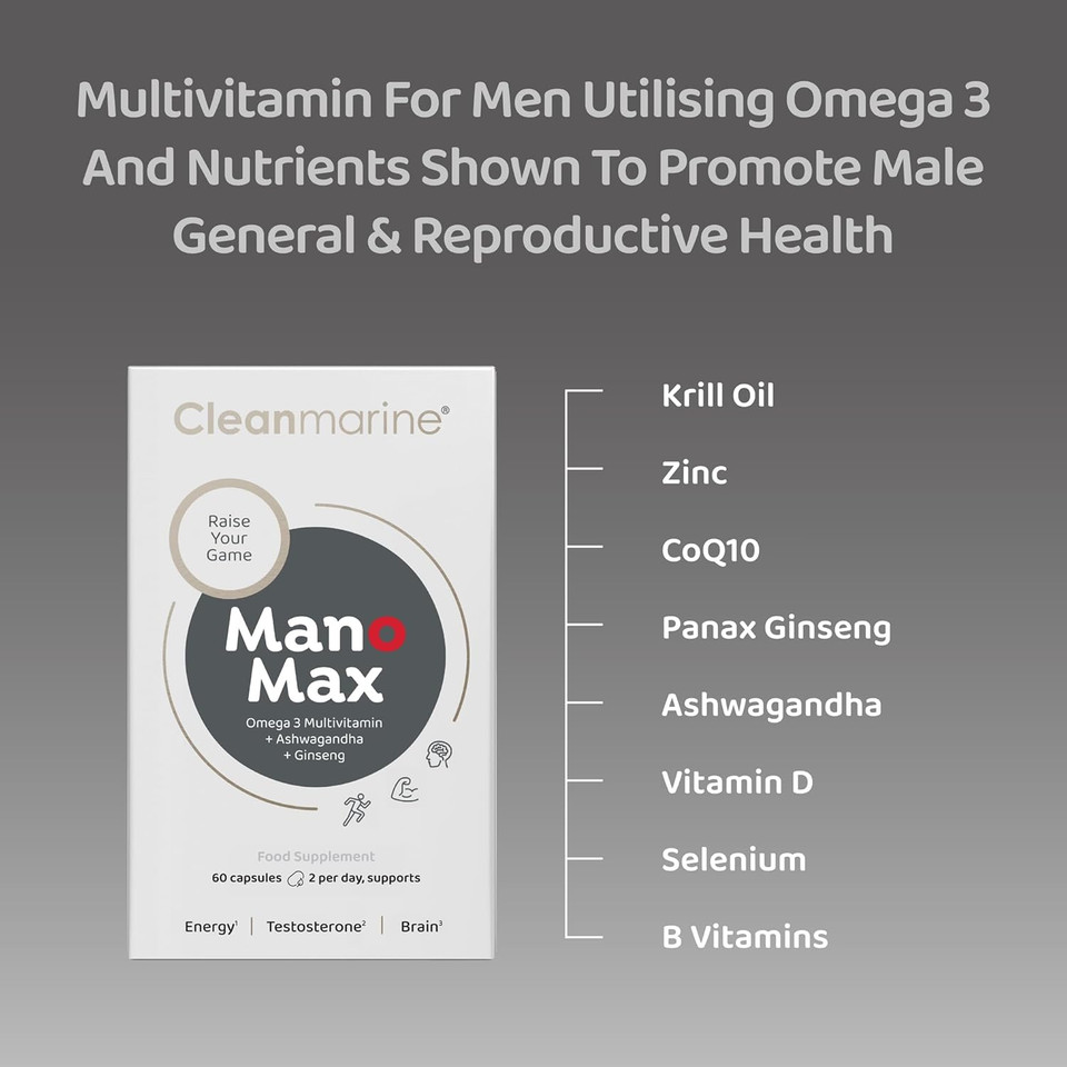 Cleanmarine ManoMax - Men's Multivitamin - Omega 3 with Vitamins B1, B6 & D, Zinc, Selenium, Ashwagandha, Ginseng & Co Q10  Supports Testosterone, Energy Levels & Cognitive Function - 60 Capsules Cleanmarine ManoMax - Men's Multivitamin - Omega 3 with Vitamins B1, B6 & D, Zinc, Selenium, Ashwagandha, Ginseng & Co Q10  Supports Testosterone, Energy Levels & Cognitive Function - 60 Capsules