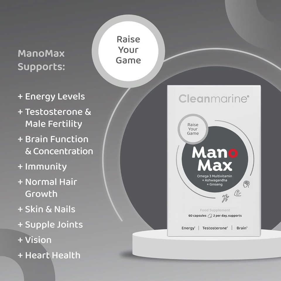 Cleanmarine ManoMax - Men's Multivitamin - Omega 3 with Vitamins B1, B6 & D, Zinc, Selenium, Ashwagandha, Ginseng & Co Q10  Supports Testosterone, Energy Levels & Cognitive Function - 60 Capsules Cleanmarine ManoMax - Men's Multivitamin - Omega 3 with Vitamins B1, B6 & D, Zinc, Selenium, Ashwagandha, Ginseng & Co Q10  Supports Testosterone, Energy Levels & Cognitive Function - 60 Capsules