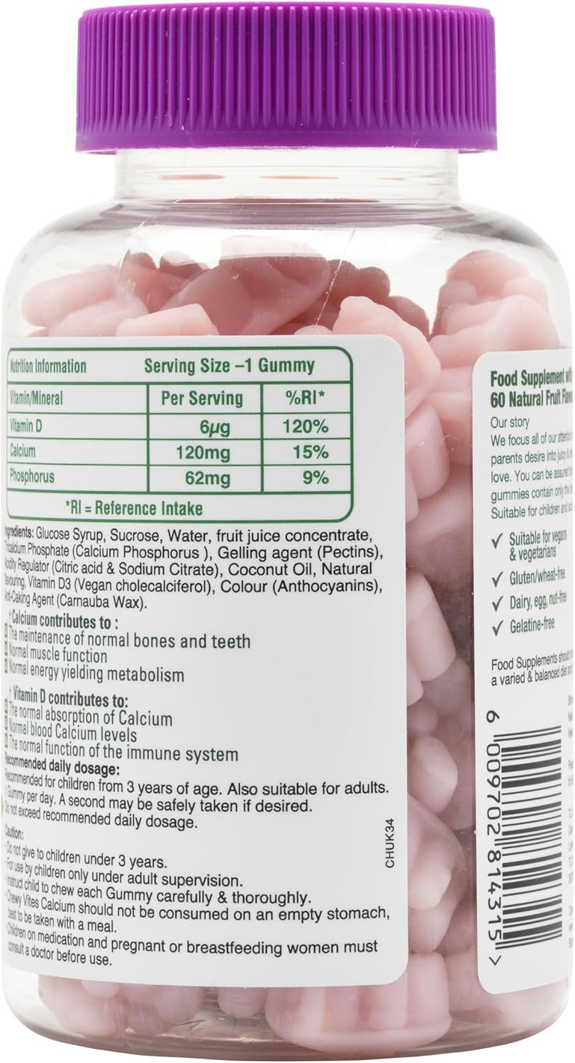 Chewy Vites Kids Calcium and Vitamin D3, 60 Kids Calcium Gummies, Help Support Healthy Bones and Teeth, 2 Months Supply, Real Fruit Juice, Vegan, Age 3 +, Strawberry Flavour (Pack of 2)