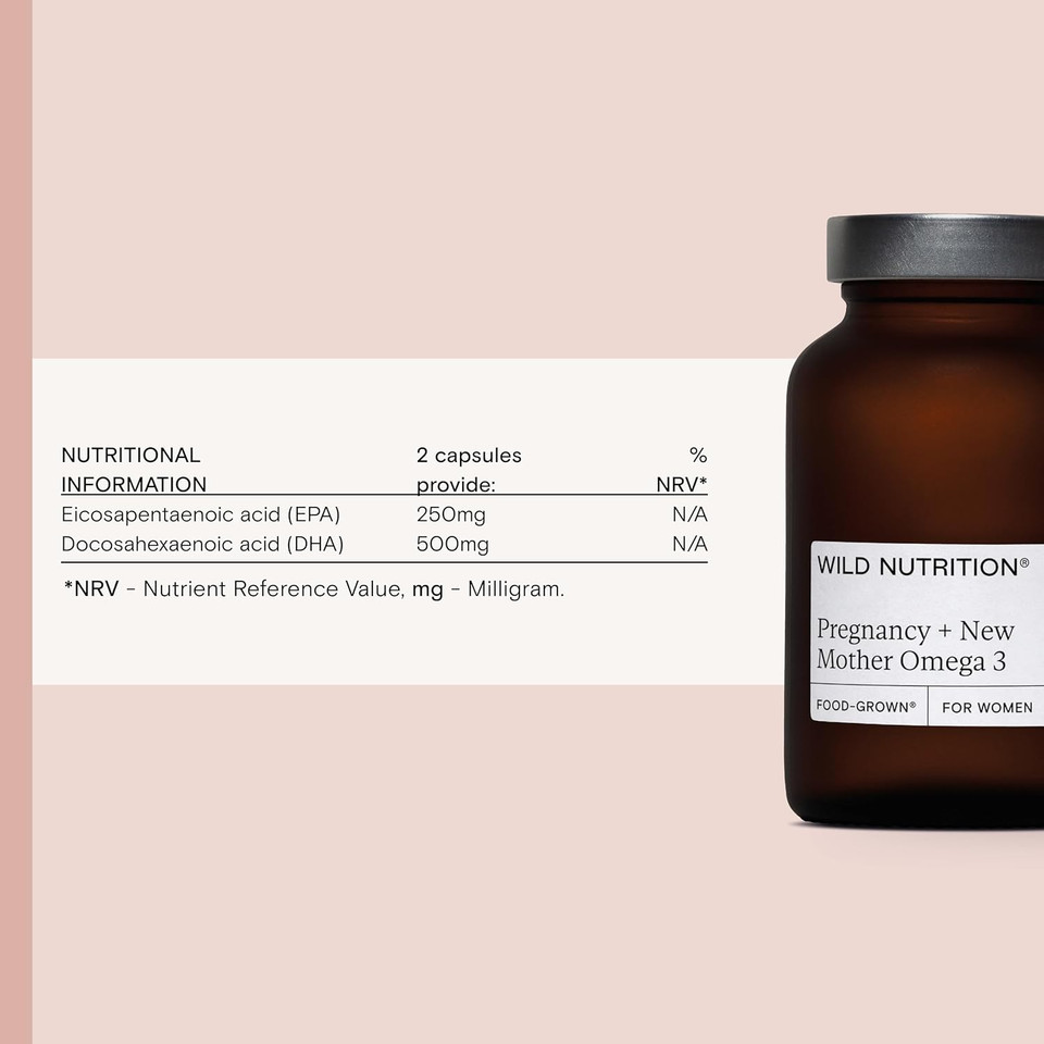 WILD NUTRITION Food-Grown® Pregnancy + New Mother Omega 3 | Omega 3 Pregnancy Vitamins for Women | Prenatal Omega 3 Pregnancy Supplement | Sustainably Sourced Essential Fatty Acids & DHA | 60 Capsules