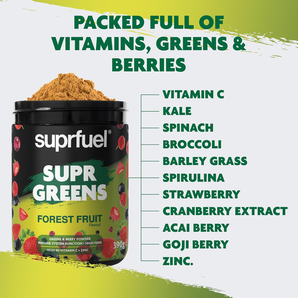 Suprfuel Supr Greens Powder - Forest Fruit 390g - Daily Greens Powder for Gut Health, Energy, and Vitality - Green Superfood Mix to Boost Your Well-Being