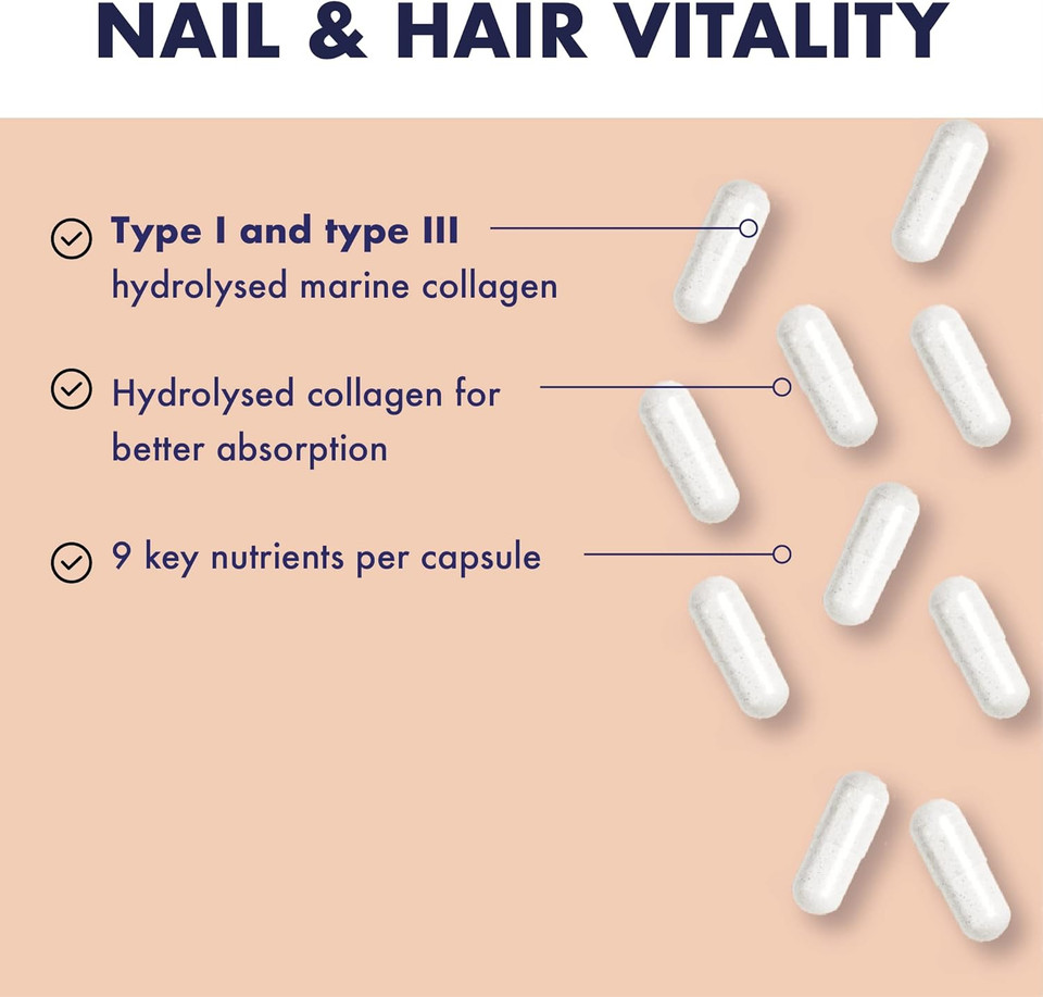 Higher Nature - Nails & Hair - Contains Zinc, Biotin & Collagen - Supports Beautiful Skin - 120 Capsules