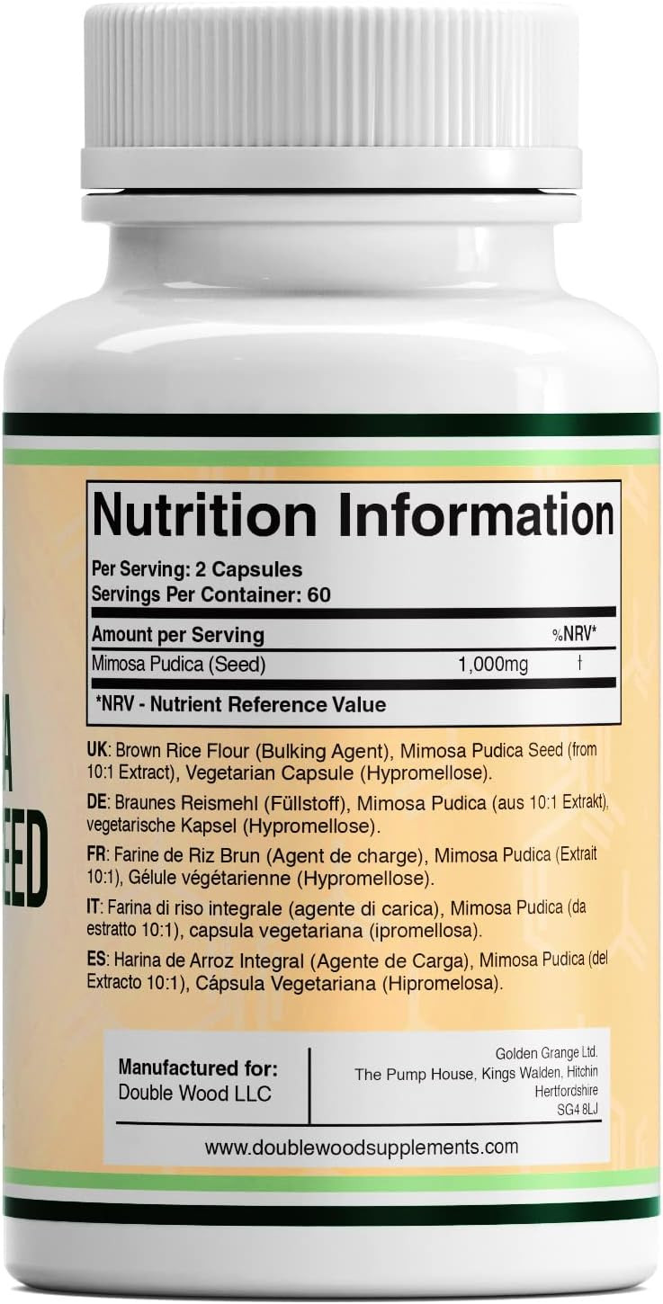 Double Wood Mimosa Pudica Seed Supplement | 120 High Strength Mimosa Pudica Capsules - 1000mg per Serving | Mimosa Pudica Seed Extract 10:1 | Non-GMO & Gluten Free (120 Capsules)