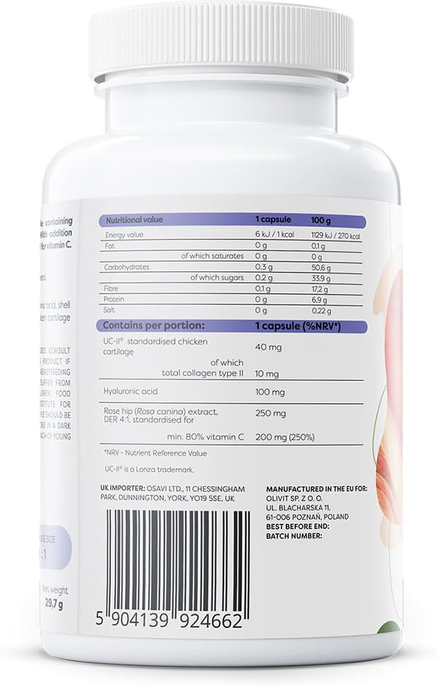 Osavi Collagen Type II with Hyaluronic Acid  60 Caps | UCII® Undenatured Collagen for Joint & Cartilage Health | Supports Collagen Formation & Bone Function | with Rose Hip Extract & Vitamin C