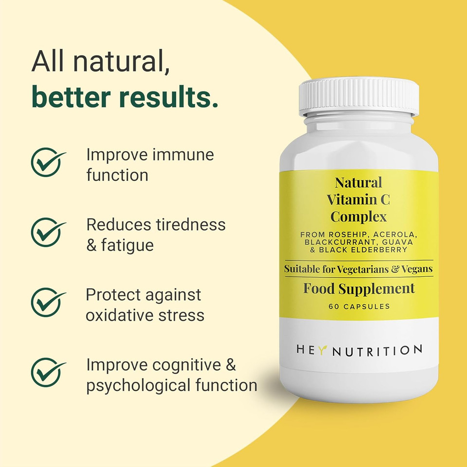 Hey Nutrition Natural Vitamin C 250mg Complex from Rosehip, Acerola, Blackcurrant, Guava, and Elderberry - Immune Function, Stress, Metabolic Health, & Fatigue - Non-GMO, 60 Vegan Capsules