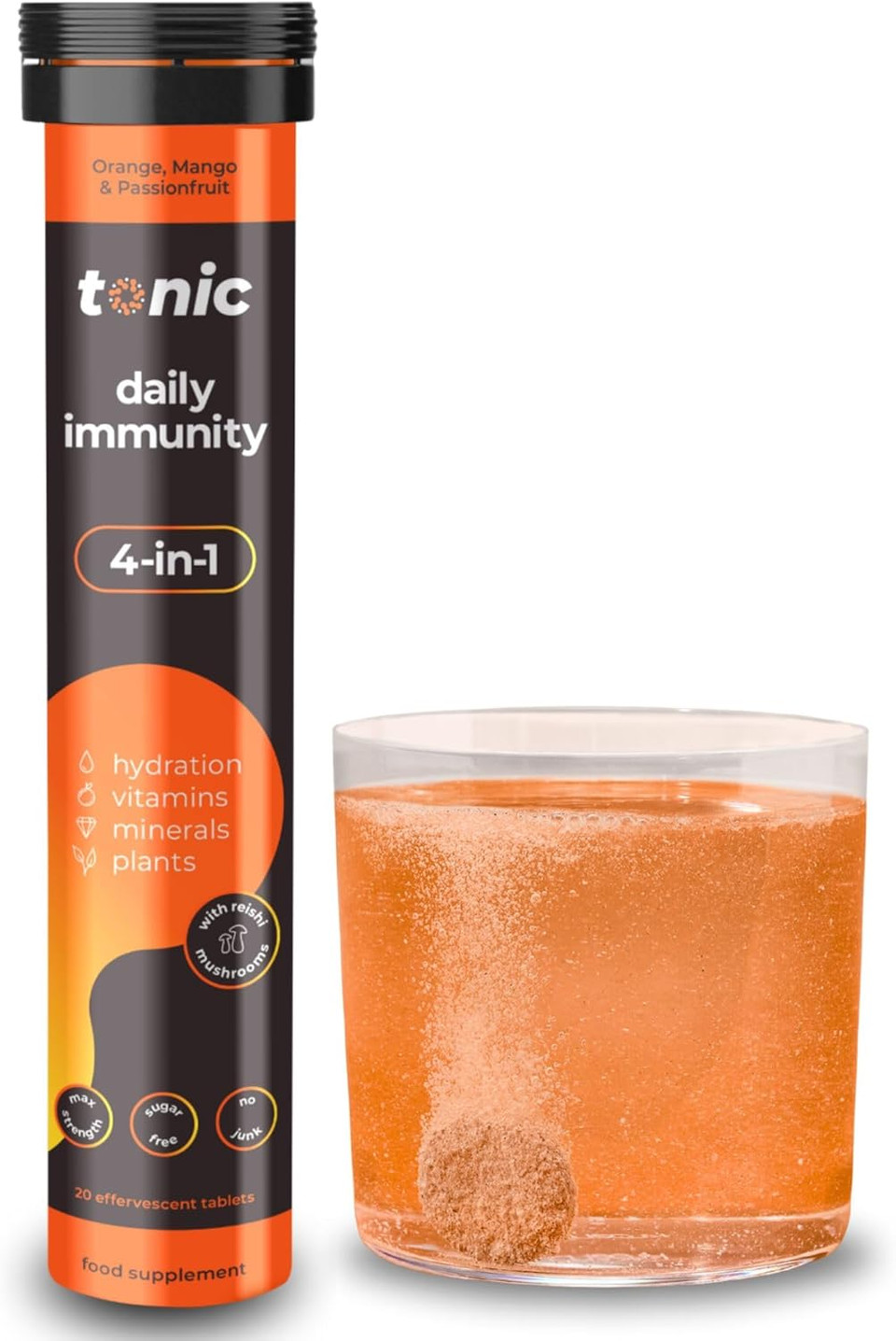 Tonic Health Daily Immunity Tablets - 4-in-1 Effervescent Multivitamins, Minerals & Phytonutrients - Vitamin D, Vitamin C and Zinc - Vegan, No Sugar- Max Strength Tablets, Raspberry & Lemon, 60 Count