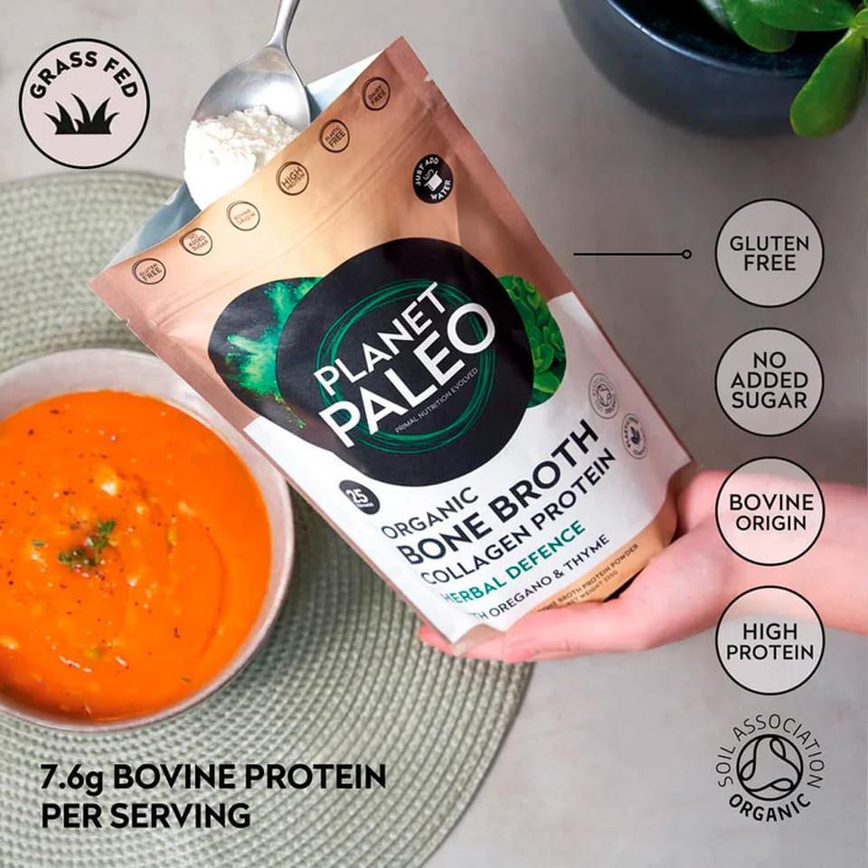Planet Paleo Organic Bone Broth Collagen Protein Powder (225g, 25 Servings) Herbal Defence with Oregano & Thyme, Grass-Fed, Keto, Low Carb, High Protein Drink or Add to Soups & Savoury Recipes
