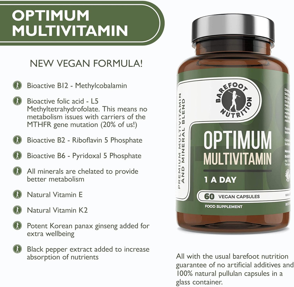 Barefoot Nutrition - Optimum Multivitamin & Mineral Supplement, Bioactive High Strength Formula with Vitamin C Complex, Superior Absorption for Immune Support - 60 Vegan Capsules