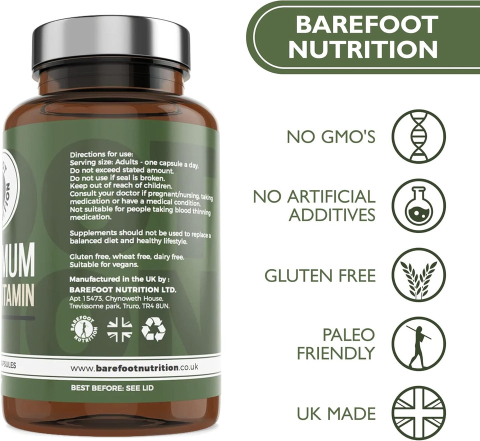 Barefoot Nutrition - Optimum Multivitamin & Mineral Supplement, Bioactive High Strength Formula with Vitamin C Complex, Superior Absorption for Immune Support - 60 Vegan Capsules