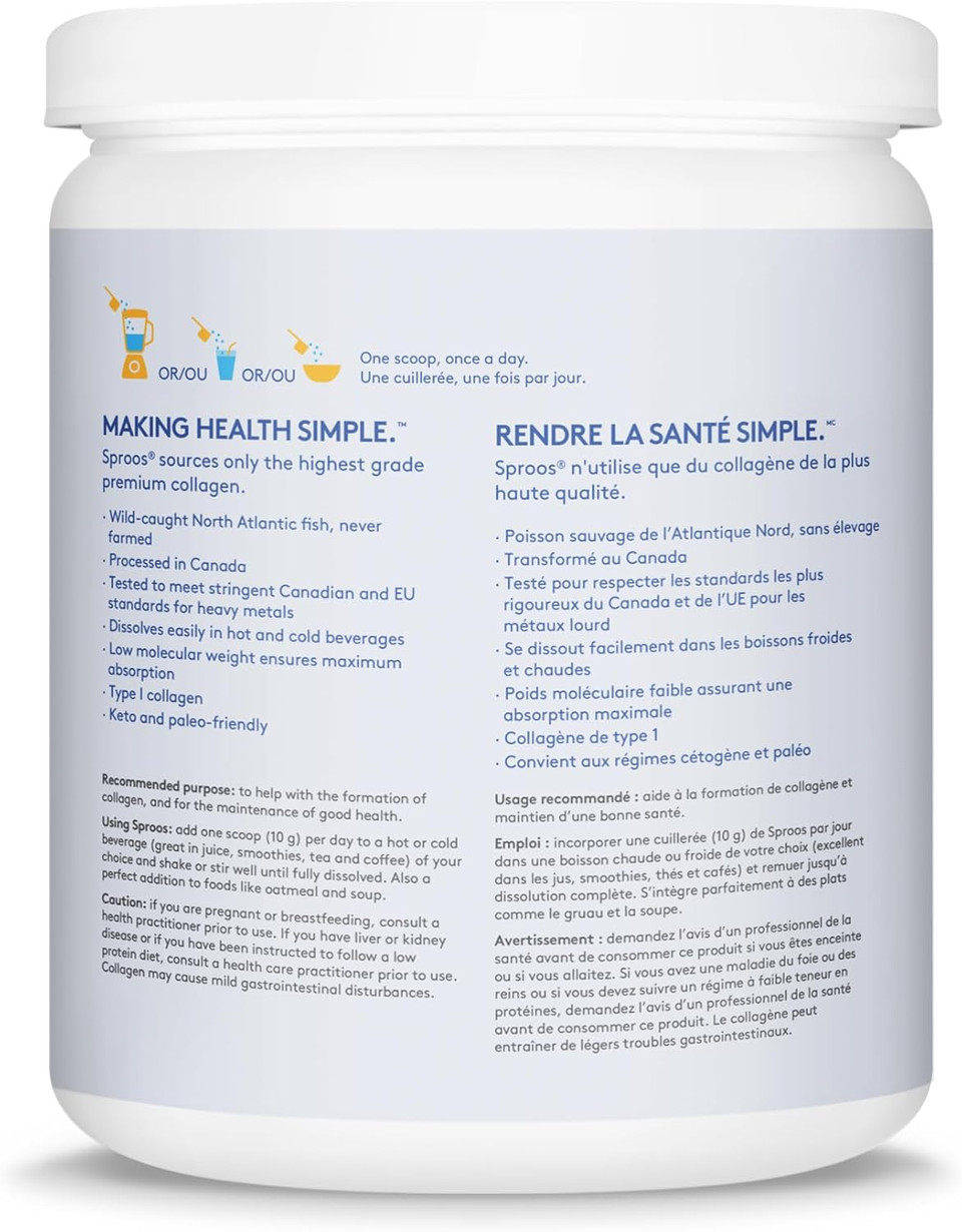 SPROOS - Marine Collagen - Beverage Powder - Hydrolised Collagen Peptides - Healthy Hair, Skin & Nails - Unflavoured (No Fishy Taste) - 24-Day Supply - 240 g