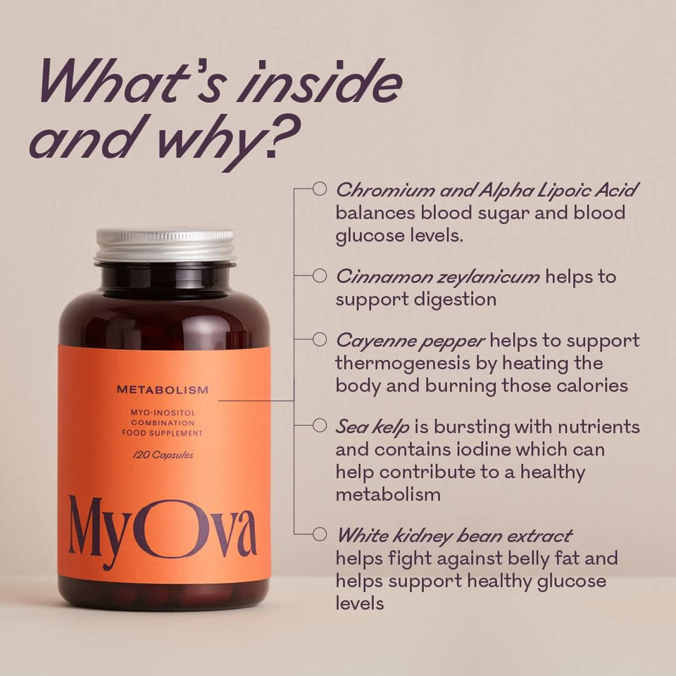 MyOva Metabolism PCOS Supplement - 120 Capsules, 30-Day Supply - 2000mg Myo-Inositol for PCOS Support - PCOS Supplement Weight Loss, Assist Weight Management & Balance Glucose Levels  UK Made