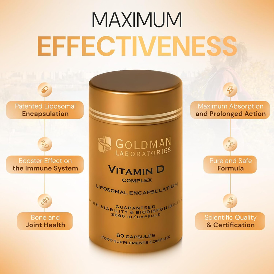 Liposomal Vitamin D, Goldman Laboratories - 2000 IU - Patented Complex Vitamin D3 K2-MK7 C - Maximum Bioavailability - Immunity, Bones, Teeth, Joints, Good Mood  60 Capsules - Slow Release