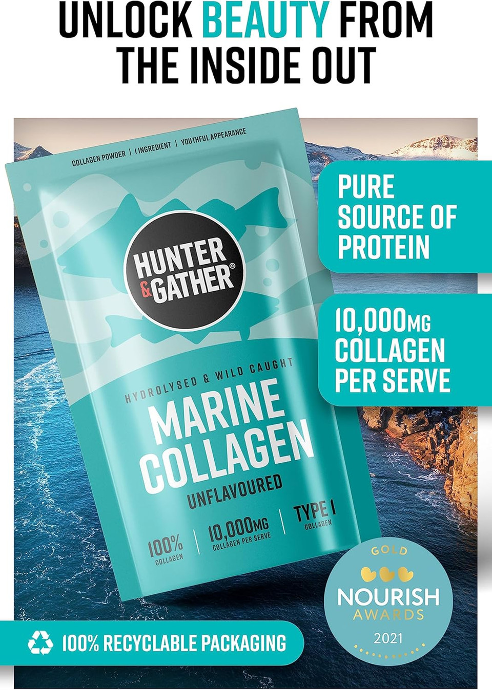 Hunter & Gather Marine Collagen Powder 300g | Pure Unflavoured Premium Hydrolysed Wild Caught Marine Collagen Peptides Powder for Hair Skin Nails Muscles | Collagen Supplements for Women and Men