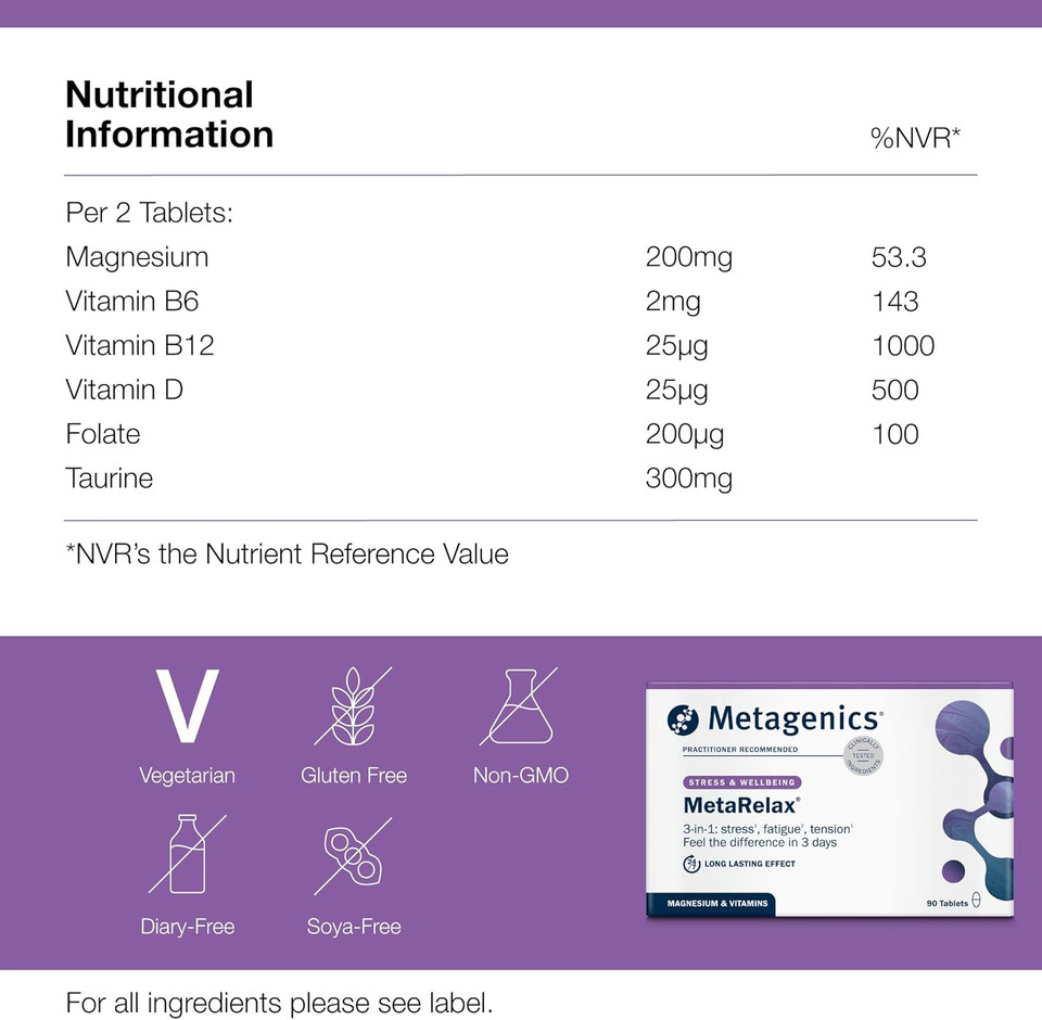 Metagenics MetaRelax Magnesium Supplement - Stress Relief, Relaxation & Energy Support - 90 Tablets