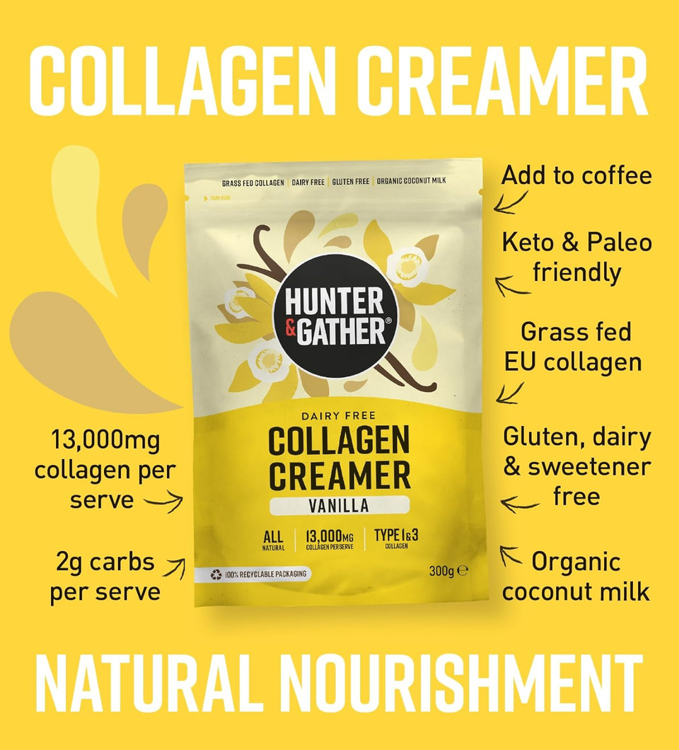Hunter & Gather Collagen Creamer for Coffee I Vanilla I 300g I Grass Fed Type 1 & Type 3 Bovine Collagen Peptides I Dairy Free I 13,000mg per Serve I Support Hair, Skin, Nails, Muscles