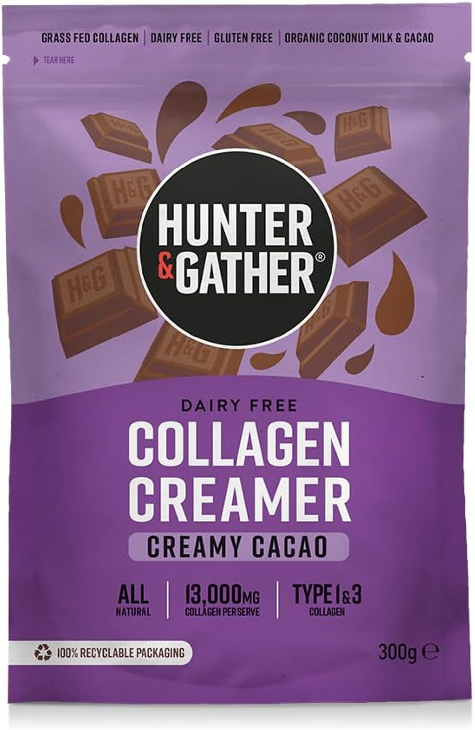 Hunter & Gather Collagen Creamer for Coffee I Creamy Cacao I 300g I Grass Fed Type 1 & Type 3 Bovine Collagen Peptides I Dairy Free I 13,000mg per Serve I Support Hair, Skin, Nails, Muscles